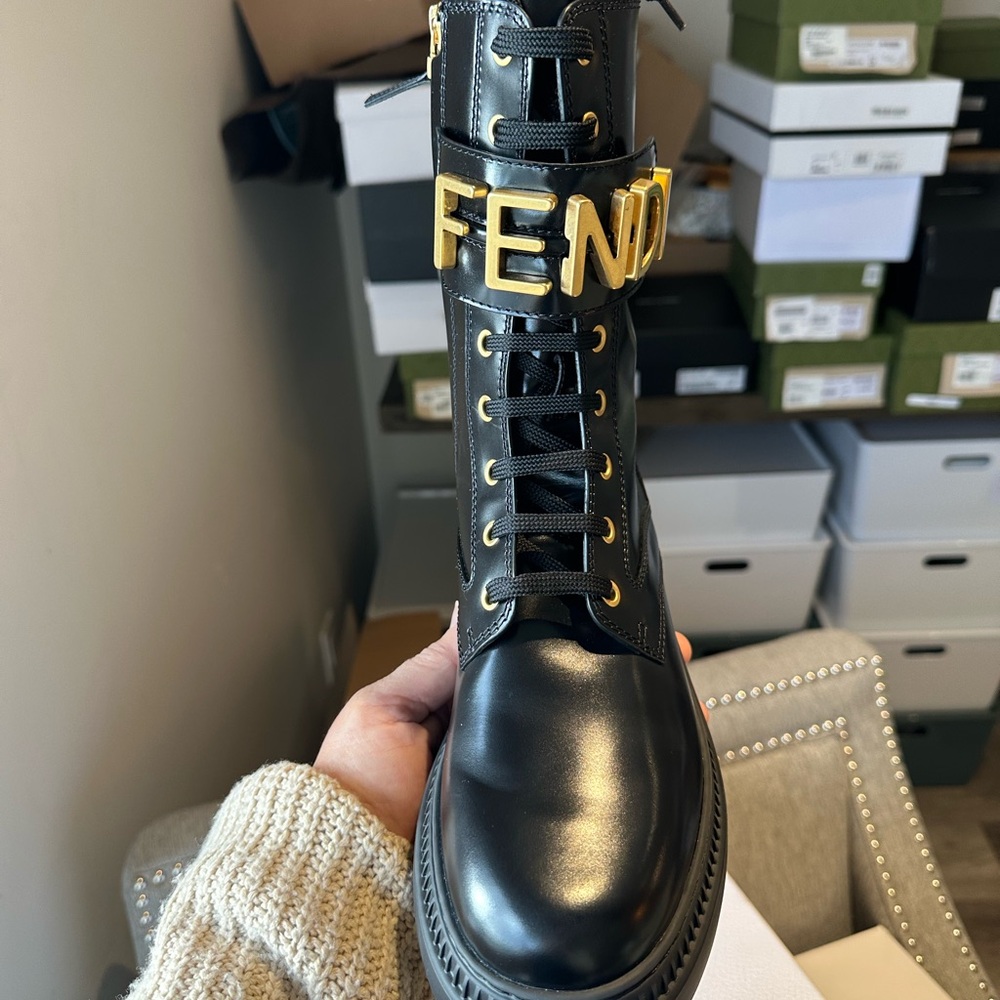 Fendi SOLD ON OTHER PLATFORM Black Leather Combat Boots with Gold Accents
